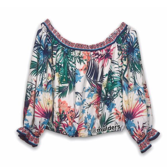 Flying Tomato Tropical Floral Off The Shoulders Multicolor Print Crop Top Shirt - Picture 1 of 8